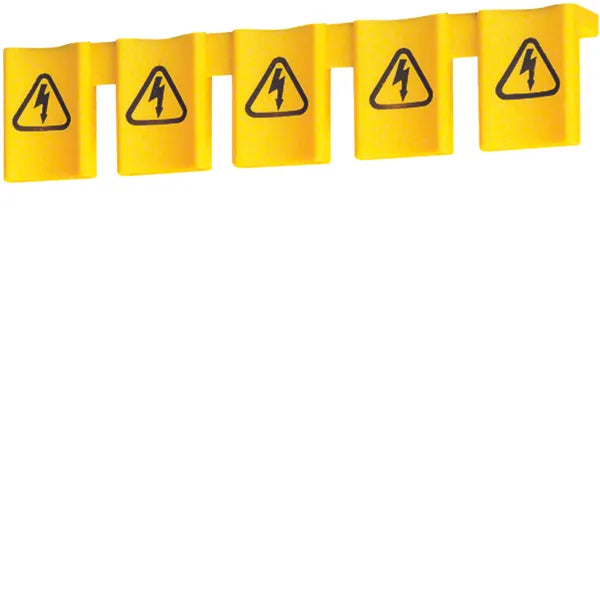 Beröringsskydd för utstickande fasskena. Fem moduler per längd. Färg: Gul. 10p pack. Hager