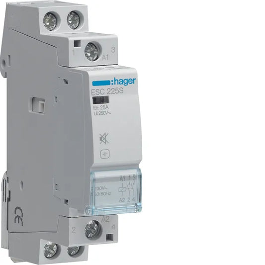 Kontaktor Hager utan brum, 2  slutande kontakter 25 A. Spole 230 V. Kontaktorn tar 1 moduler.